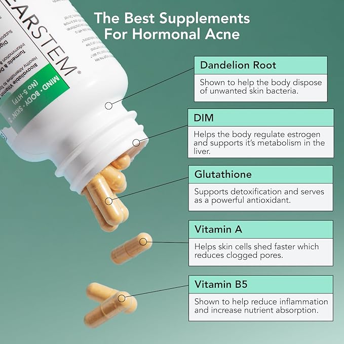CLEARSTEM - MINDBODYSKIN Hormonal Acne Supplement (No 5-HTP) - Natural DIM Supplement - Skin Care Vitamins - Hormone Balance, Antioxidants - Vegan, Gluten Free, Cruelty Free - 30 Servings, 90 Capsules