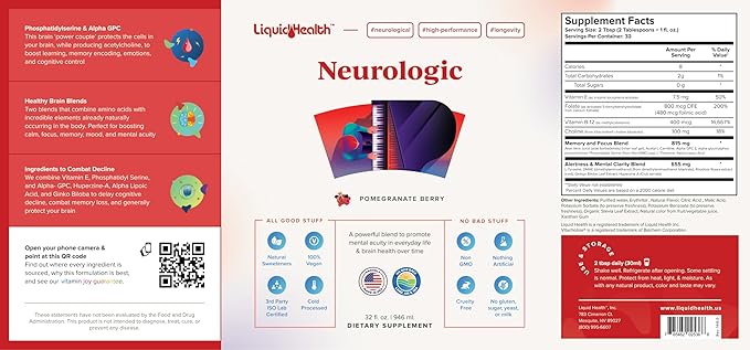 LIQUIDHEALTH Brain Booster Neurologic Liquid Vitamins Memory Focus Concentration Support for Adults, Learning Healthy Cognitive Alertness Multivitamins Brain Food 32 Fl Oz (2 Pack)