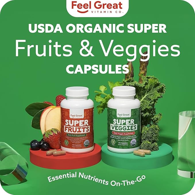 Feel Great USDA Organic Fruit and Vegetable Supplements | 20+ Super Reds & Greens for Natural Energy Support | Vegan Fruit and Veggie Vitamins | 2 Pack of 90 Count