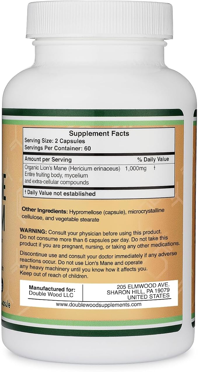 Lions Mane Supplement Mushroom Capsules (Two Month Supply - 120 Count) Lions Mane Mushroom for Brain Support and Immune Health (Third Party Tested, Grown and Encapsulated in The USA) by Double Wood
