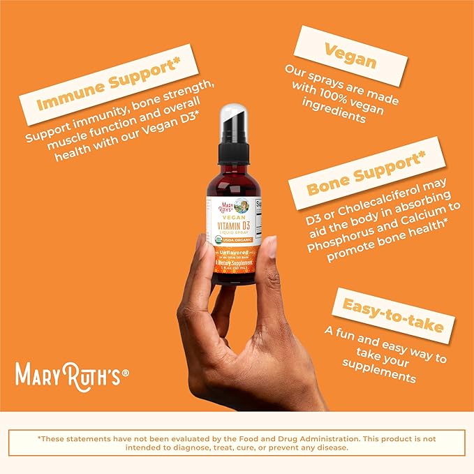 MaryRuth Organics Vitamin D USDA Organic | Vitamin D3 Liquid | Sugar Free | Liquid Vitamin D Spray Immune Support for Adults & Kids | Bone Health | Vit D3 | Vegan | Gluten Free | Non-GMO | 30 Servings