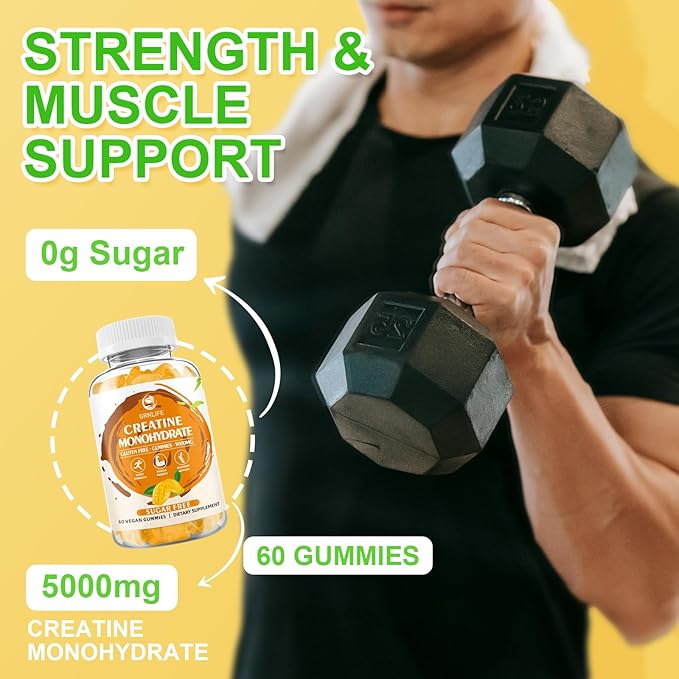 Creatine Monohydrate Gummies for Men & Women, Chewables Creatine Monohydrate for Muscle Strength, Muscle Builder, Energy Boost, Sugar Free, Vegan, Mango Flavor-60 Count