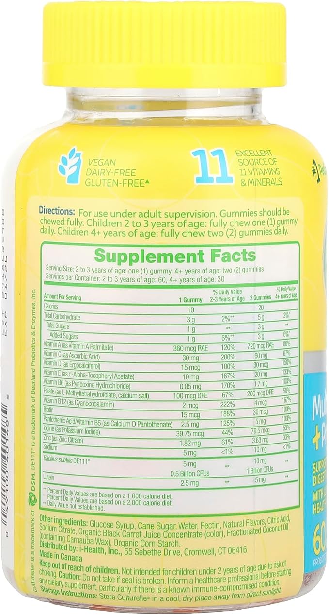 Culturelle Kids Probiotic Gummies for Ages 2+ - Peach-Orange & Mixed Berry Flavors - Digestive & Immune Support with Lutein for Eye Health, 60 Count