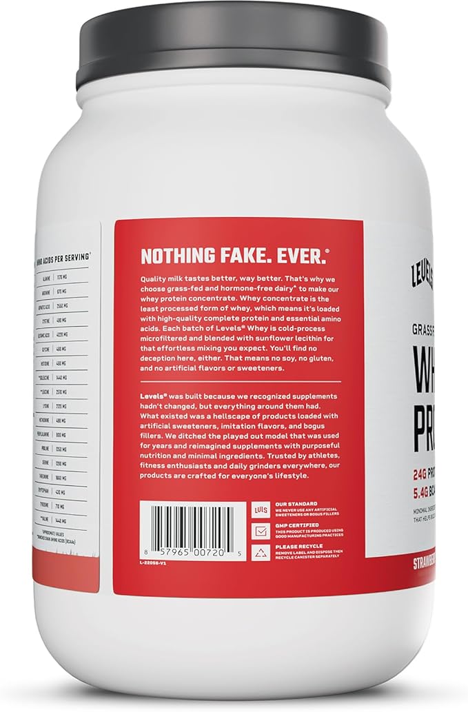 Levels Grass Fed Whey Protein Powder, No Artificials, 24G of Protein, Strawberry, 2LB