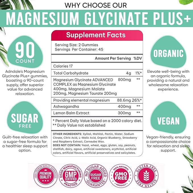180 CT Calm Magnesium Glycinate Gummies 400 mg/Serv - with Ashwagandha, Magnesium Malate & Taurate - Sugar Free Chews for Adults & Kids Relaxation, Stress Relief, Night Rest, Muscle & Cardio Support