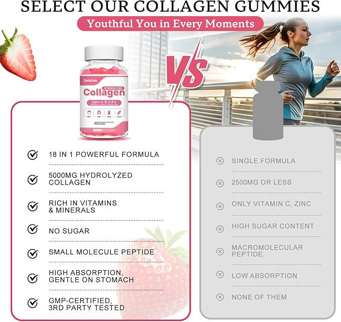 Sugar Free Collagen Gummies for Women Men, 5000mg Hydrolyzed Collagen Peptide I,II,III,V,X with 15000mcg Biotin, Keratin, Vitamin C A B D E for Skin Hair Nails Joints, Immunity Energy Digestion