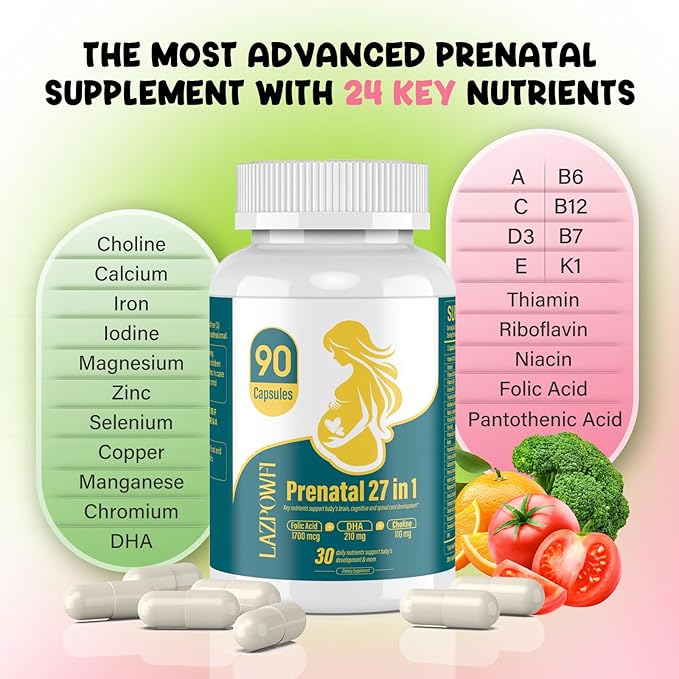 Prenatal Vitamins for Women multivitamin with Folic Acid DHA Choline for Pregnant and Nursing Women Niacinamide Biotin and Minerals 27 in 1 Needed Supplement 90 Capsules-30 Servings-White