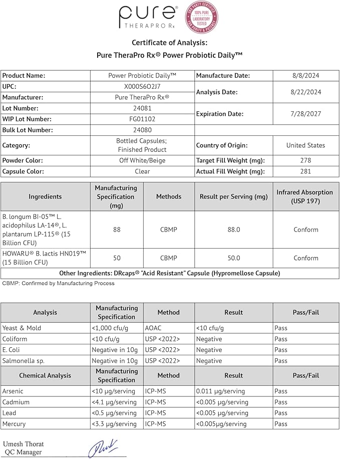 Pure Therapro Rx Power Probiotic Daily - 30 Acid-Resistant Capsules | 4 Proven Strains - 30 Billion CFU/Capsule | Patented Activ-Vial Desiccant Bottle to Ensure Freshness | NO Refrigeration Required