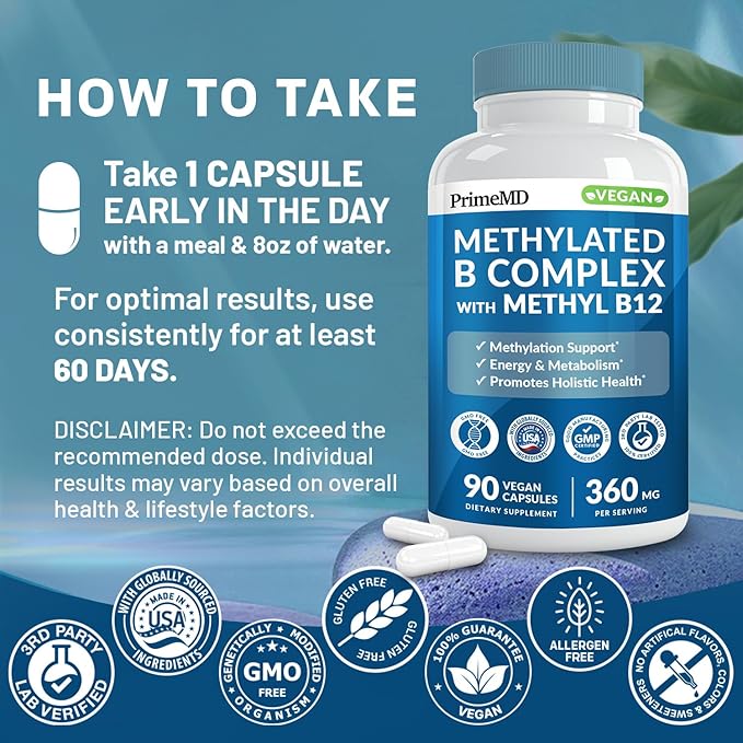 Methylated B Complex with B12 Methylcobalamin & Methyl Folate 1000 mcg - Premium Vitamin B Complex for Energy, Brain Function, and Wellness - Methylated Multivitamin (90 Servings, Pack of 1)