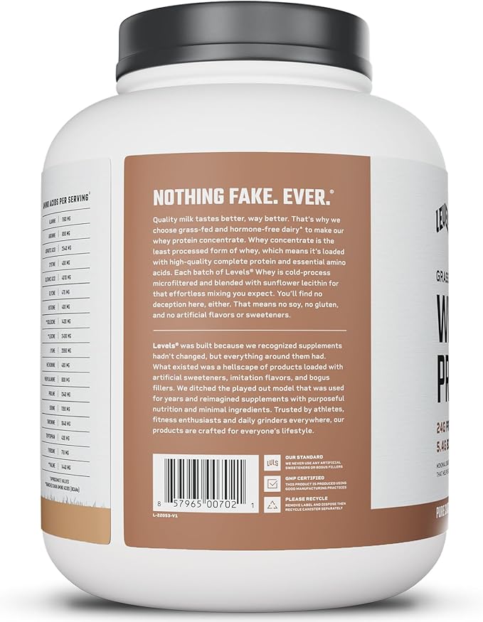 Levels Grass Fed Whey Protein Powder, No Artificials, 24G of Protein, Pure Chocolate, 5LB