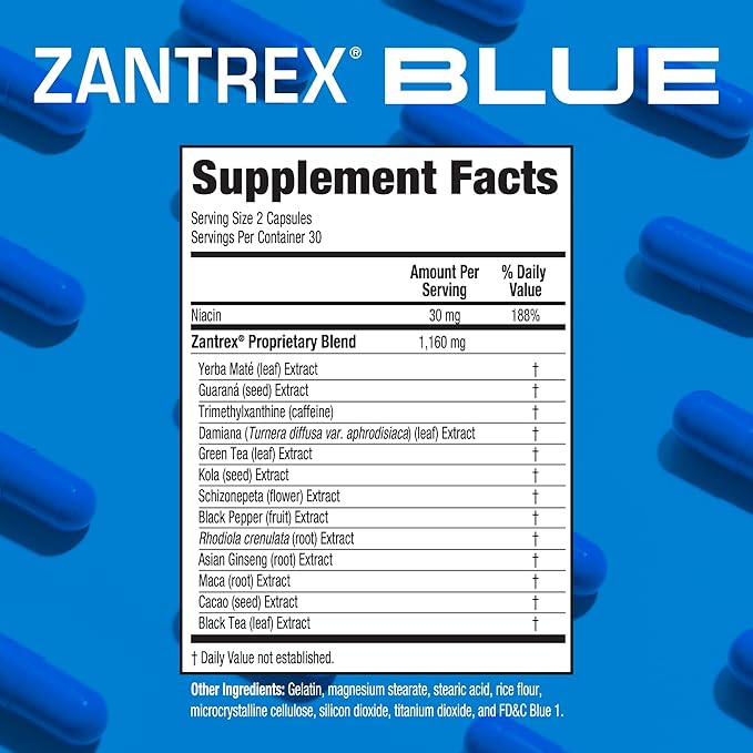 Zantrex Blue - High Energy Supplement - 300MG Natural Caffeine - Yerba Mate, Damiana, and Guarana, 60 Count
