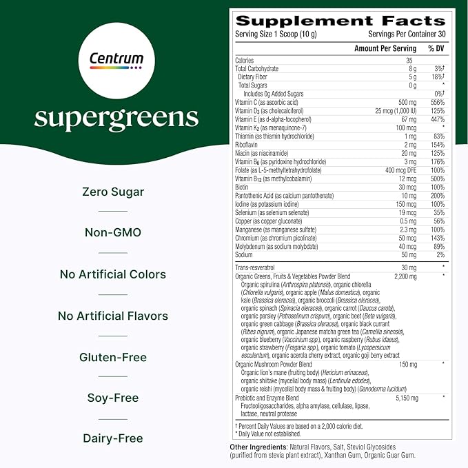 Centrum Supergreens - Superfood Powder & Multivitamin for Adults – Greens Powder with Spirulina, Mushroom, Prebiotics & Enzyme Blend – 30-Day Supply
