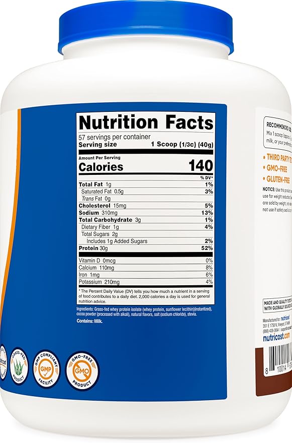 Nutricost Grass-Fed Whey Protein Isolate (Chocolate) 5LBS - Non-GMO, Gluten Free, Natural Flavors