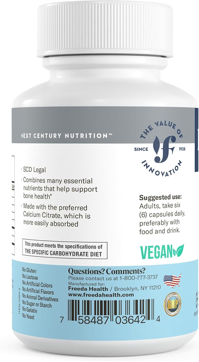 FREEDA Calcium Complex - Kosher Calcium Citrate Supplement with Magnesium and Vitamin D, K2 - Bone Health & Joint Support for Women & Men (180 Capsules) - Suitable for All, SCD Compliant
