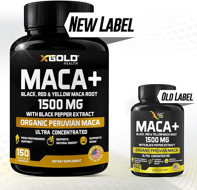 X Gold Health Organic Maca Root Powder Capsules 1500mg with Black | Red & Yellow Peruvian Maca Root Extract Gelatinized, Energy & Mood Supplement for Men & Women + Black Pepper for Best Benefits
