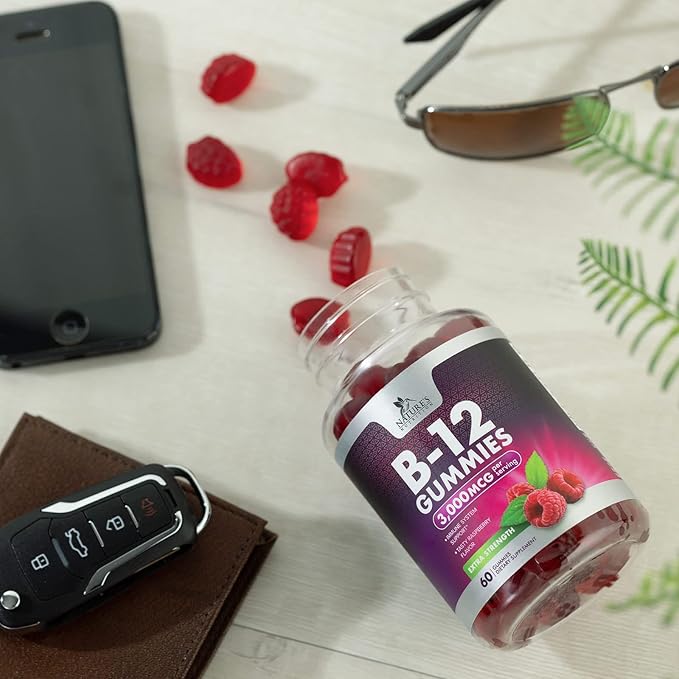 B12 Gummies, Extra Strength Energy 3000 mcg Vitamin B12, B-12 Energy Metabolism & Immune System Support, Chewable Supplement for Adults & Kids, Caffeine Free, Berry Flavored Gummy, Vegan - 60 Count