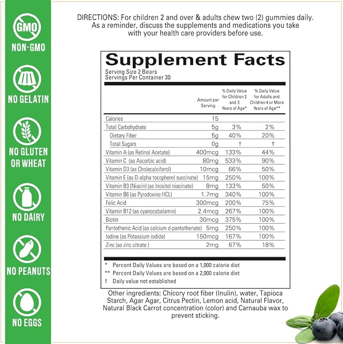 Kids Multivitamin Gummies - Sugar Free, Vegan, Non-GMO – Vitamins for Kids - Vitamin A, D, B6, B12 and C - No Artificial Sweeteners, Gluten Free, Gelatin Free - 60 Count (30 Day Supply)