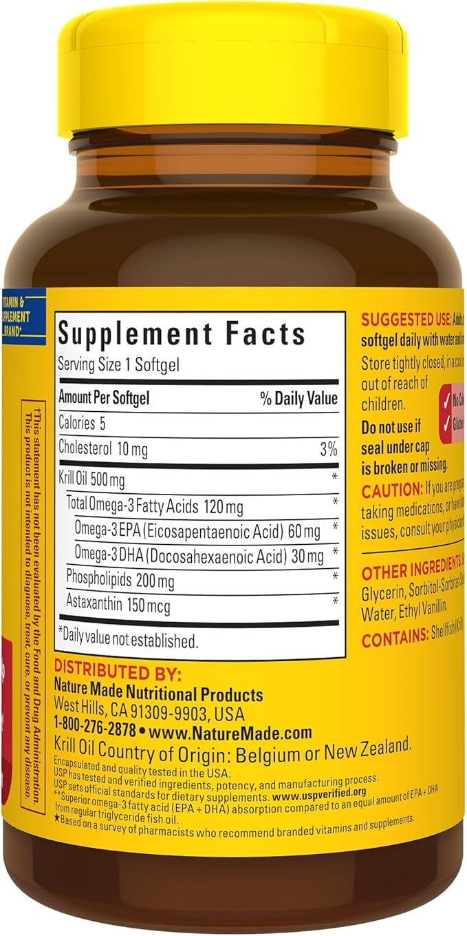 Nature Made Superior Absorption Krill Oil 500mg with Astaxanthin and Phospholipids, Omega 3s for Heart Health Support, 100 Softgels, 100 Day Supply