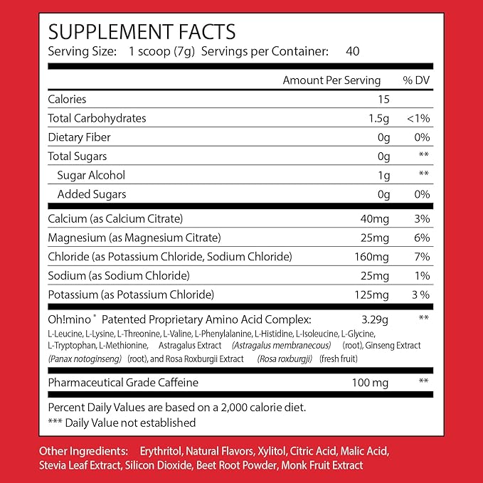 Oh!mino Amino Acid Energy Blend - Pre-Post Workout Powder, BCAA Amino Acids, Workout Recovery Drink, Muscle Synthesis Activator, Caffeinated Tropical Splash, 280 g, 40 Servings