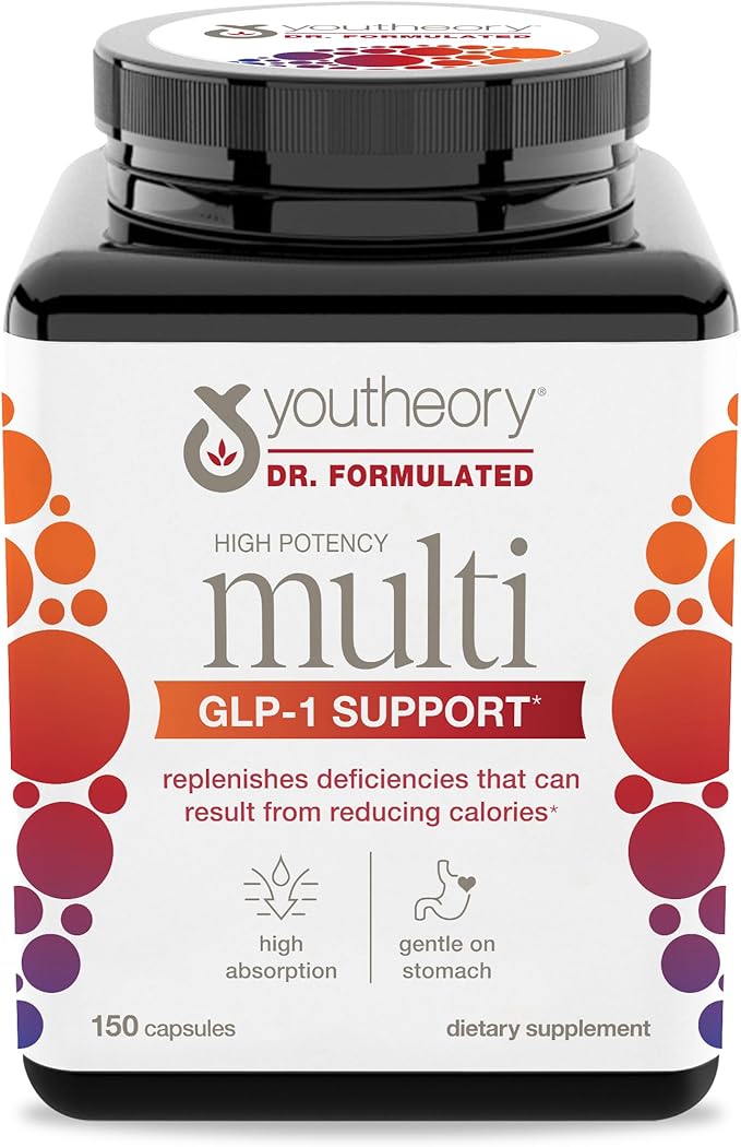 Youtheory High Potency Multi GLP-1 Support - High Absorption Multivitamins - for Immune Support & Bone Health - Gentle on Stomach - Vitamin D, C, Iron & More - 150 Vegetarian Capsules