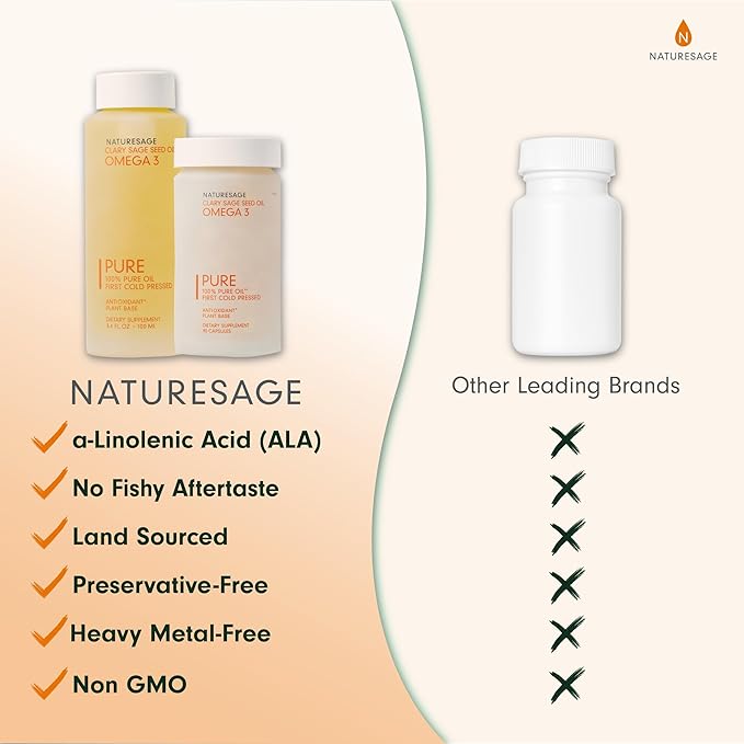 Pure Vegan Liquid Omega 3 Oil, Plant-Based Alternative to Omega 3 Fish Oil, 3.4 fl. oz. – Cold Pressed from Clary Sage Seed – Kosher - Omega 3 Fatty Acid Supplement with Antioxidants