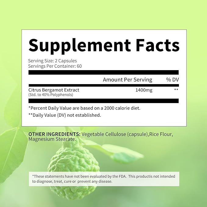 Organic Citrus Bergamot 1400mg, 120 Capsules -Citrus Bergamia - Essential Oil and Citrus Bioflavonoids - Natural Heart Health Supplements for Women and Men - Non-GMO Pills