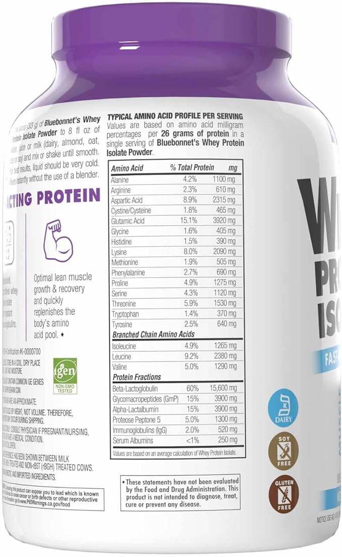 BlueBonnet Nutrition Whey Protein Isolate Powder From Grass Fed Cows, 26g of Protein, No Sugar Added, Gluten & Soy free, kosher Dairy, 2 Lbs, 28 Servings, French Vanilla Flavor