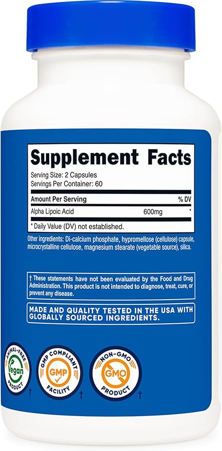 Nutricost Alpha Lipoic Acid 600mg Per Serving 120 Capsules, 60 Servings - Plant Based Caps, Non-GMO