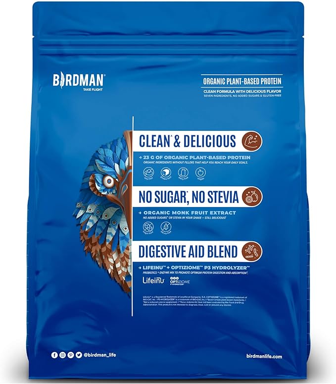 BIRDMAN Falcon Vegan Protein Powder Organic, Stevia & Sugar Free, Plant Based Protein, Low Carb, Dairy Free, Keto, Non Whey Protein, Probiotic, Pea Protein | Chocolate Flavor - 60 Servings - 3.9lb