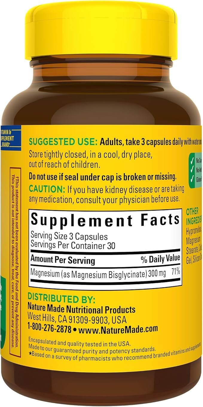 Nature Made High Absorption Magnesium Glycinate 300mg per 3 Capsules, Magnesium Supplement for Muscle, Heart, Nerve and Bone Support, 90 Magnesium Bisglycinate Capsules, 30 Day Supply