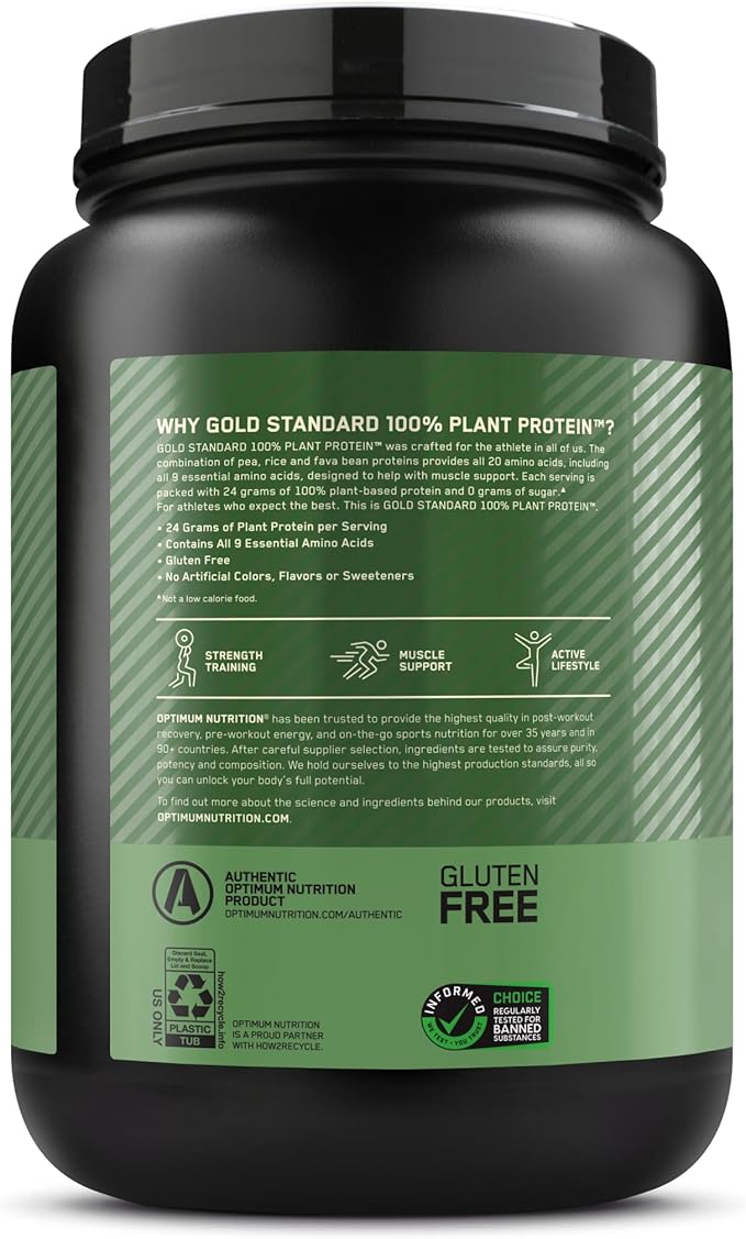 Optimum Nutrition Gold Standard 100% Plant Based Protein Powder, Gluten Free, Vegan Protein for Muscle Support and Recovery with Amino Acids - Rich Chocolate Fudge, 20 Servings (Packaging May Vary)