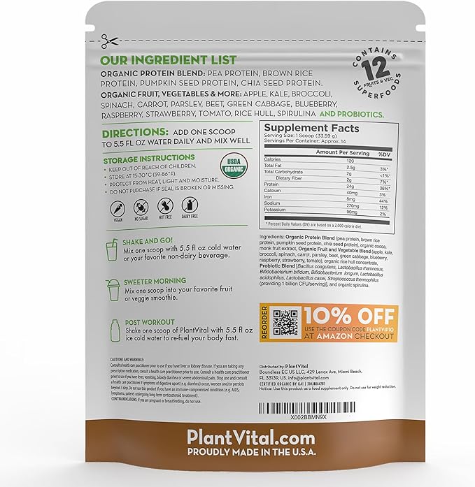 PlantVital Vegan Protein Powder Plant Based, Organic Protein Powder Chocolate, 24g/0g sugar, 12 Superfoods, Veggies, Probiotics, Raw Cocoa, Kale, Beets, Spirulina, Pea, Gluten-Free, Keto-Friendly,16oz