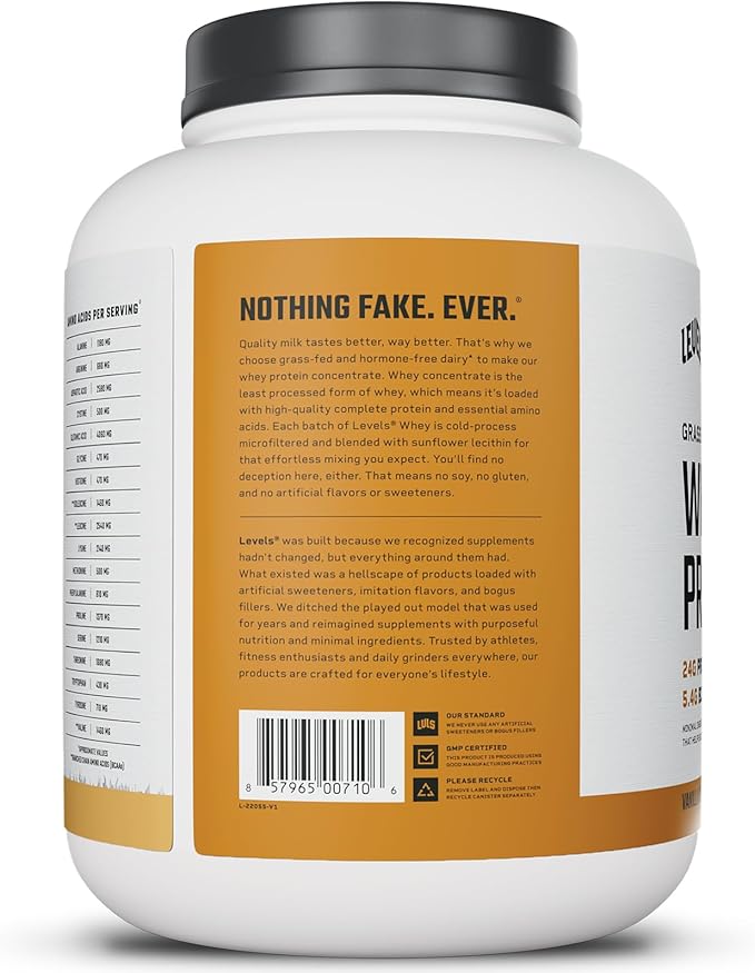Levels Grass Fed Whey Protein Powder, No Artificials, 24G of Protein, Vanilla Cinnamon, 5LB