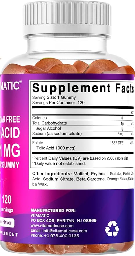 2 Pack Vitamatic Folic Acid Gummies 1000 mcg (1 mg) - an Essential Prenatal Vitamins for Mom & Baby - Vitamin B9 - 120 Vegan Gummies