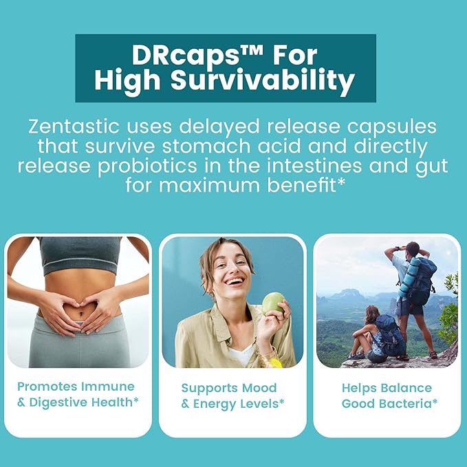 Zentastic Probiotics & Prebiotics Supplement - 50 Billion CFU - for Men & Women’s Immune & Digestive Health - 16 Strains - Shelf Stable - 180 Delayed Release Veggie Capsules