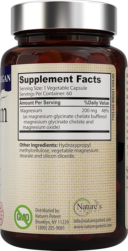 Nature's Potent Magnesium Glycinate 200mg, (High Absorption) Vegan Magnesium Glycinate Capsules Supplement for Women & Men - Chelated Magnesium Glycinate for Sleep - Magnesium for Muscle Cramps - 60ct
