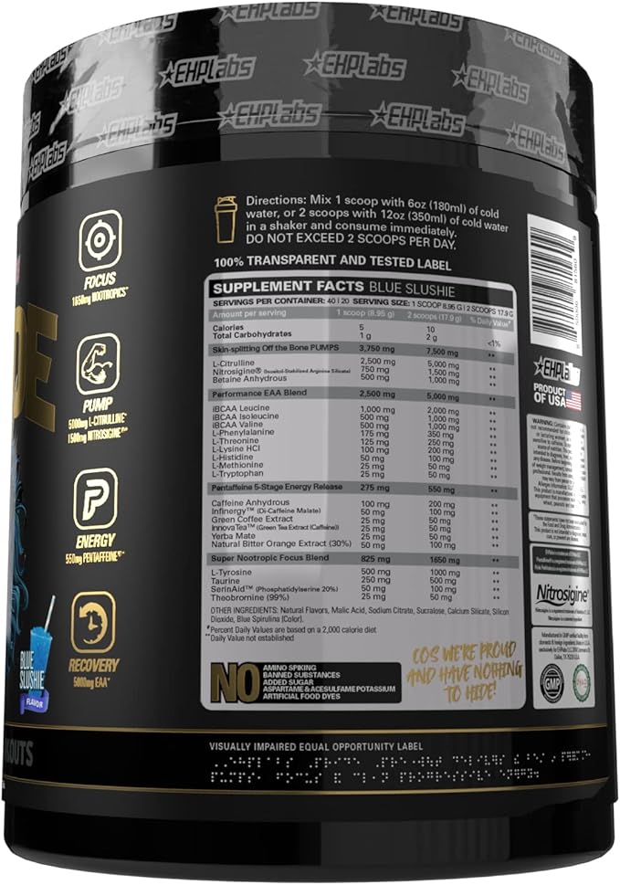 EHP Labs Pride Pre Workout Powder Energy Supplement - Sugar Free Preworkout for Men & Women, Energy Powder Boost Drink with BCAA - 280mg of Caffeine - Blue Slushie (40 Servings)