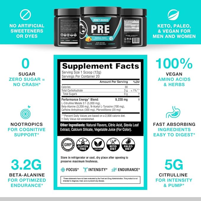 Honey Badger Pre Workout Powder, Keto Vegan Preworkout for Men & Women, Beta Alanine & Caffeine, Sugar Free Natural Energy Supplement, Tropical Punch (High-Stim)