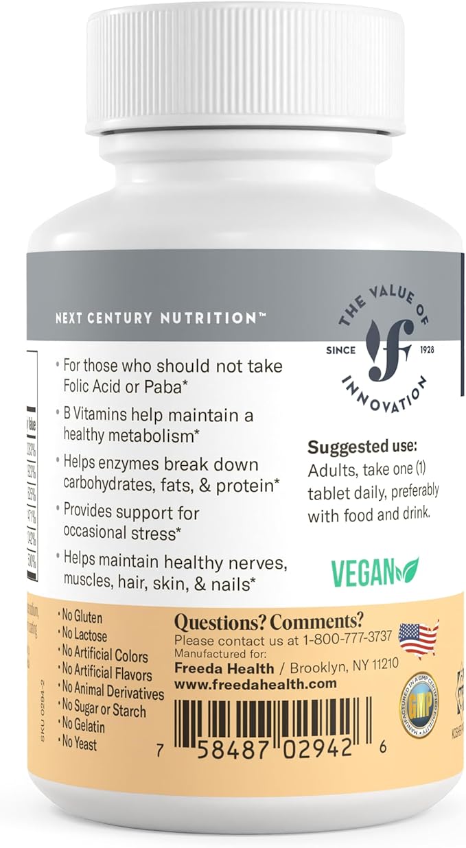 Freeda Vitamin B Complex No Folic No PABA - Super B Complex Kosher Vitamin Supplement with Vitamin B1 Vitamin B2 Vitamin B3 Vitamin B5 Vitamin B6 Vitamin B12 - Vit B Complex B for Women & Men (250 Ct)