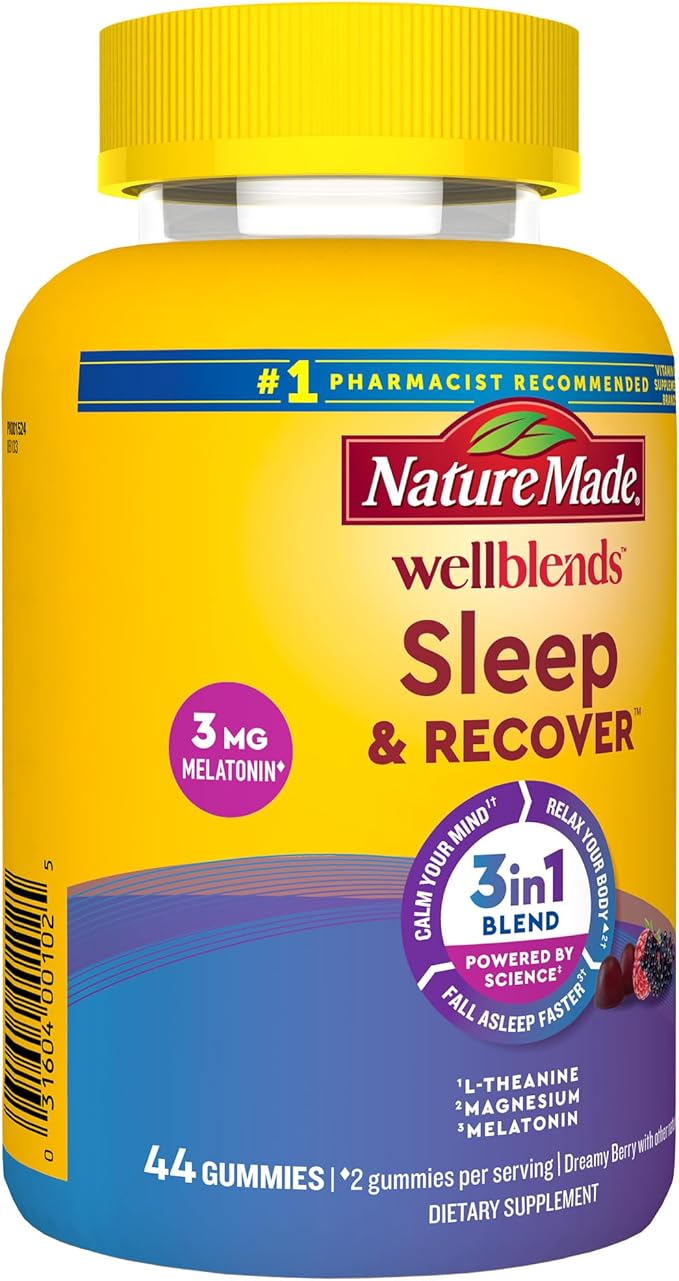 Nature Made Wellblends Sleep and Recover, Sleep Aid with Melatonin 3mg to Support Restful Sleep, plus L theanine 200mg and Magnesium Citrate, 44 Gummies