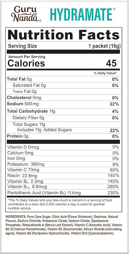 GuruNanda Hydramate Hydration Support Drink Mix - Electrolyte Powder Packets for Dehydration, Exercise & Energy - No Added Sweeteners, Non-GMO, Natural Lemon Lime Flavor - 2 Count (0.56 oz Each)