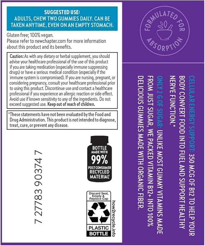 New Chapter® Organic Vitamin B12+ Gummies – 44% Less Sugar§, USDA Organic Vegan B12, Two Daily Gummies for Cellular Energy Support with Cordyceps, Non-GMO, Gluten Free, Raspberry Flavored, 60ct