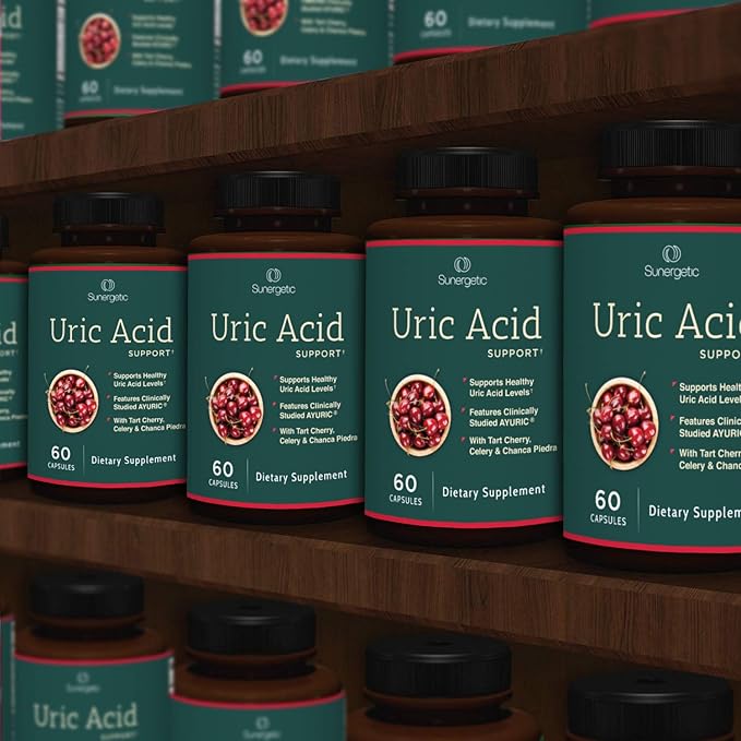 Sunergetic Premium Uric Acid Support Supplement – Uric Acid Cleanse & Kidney Support – Includes Tart Cherry, Chanca Piedra, Celery Extract & Turmeric - Uric Acid Support Formula – 60 Veggie Capsules