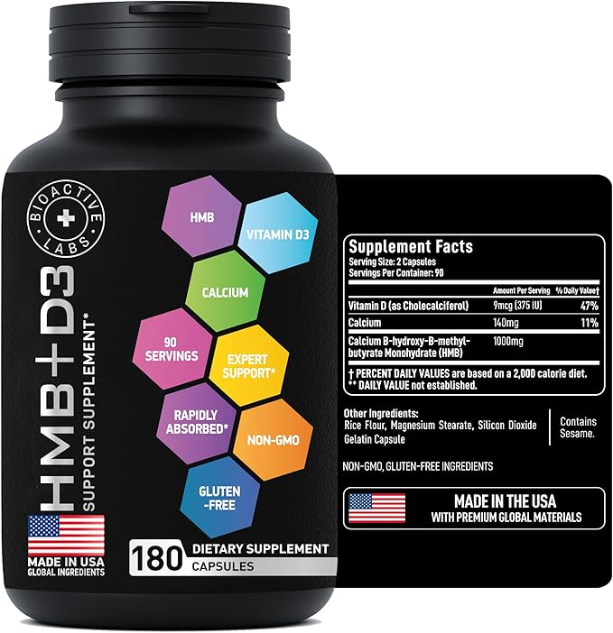 HMB Supplements with Vitamin D3 - 1,000mg Calcium Beta-Hydroxy Beta-Methylbutyrate per Serving for Muscle Growth, Strength & Recovery - 180 Gluten-Free, Non-GMO HMB Capsules, 3-Month Supply