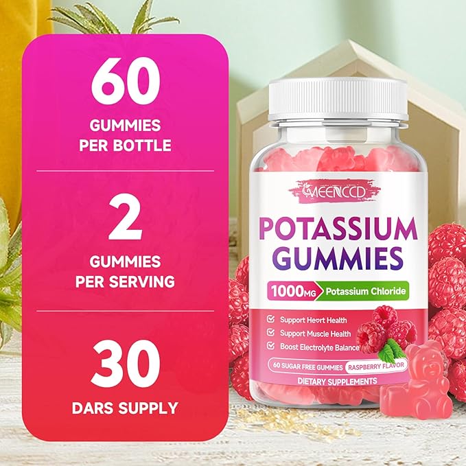 Potassium Gummies, Potassium Chloride 1000mg for Adults, Sugar-Free Potassium Supplement Gummies Support Electrolyte Balance & Leg Cramps for Women & Men, Raspberry Flavor, 60 Count