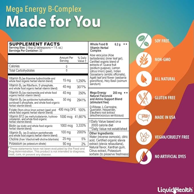 LIQUIDHEALTH Children Focus & Energy Liquid Vitamin Bundle with Attention Teens & Kids, Mega Energy B-Complex Supplement - Liquid Vitamins for Kids, Improve Child's Concentration, Mood & Boosts Energy