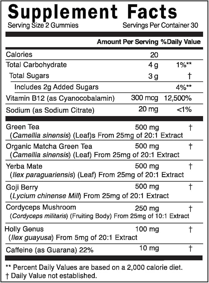 8-in-1 Natural Energy Gummies, Vitamin B12, Sleep Gummies, Womens Multivitamin Gummy, Energy Chews, Vitamin C Gummies, Running Gummies, Peach Flavor, Energy Supplements, 22% Caffeine, 60 Count