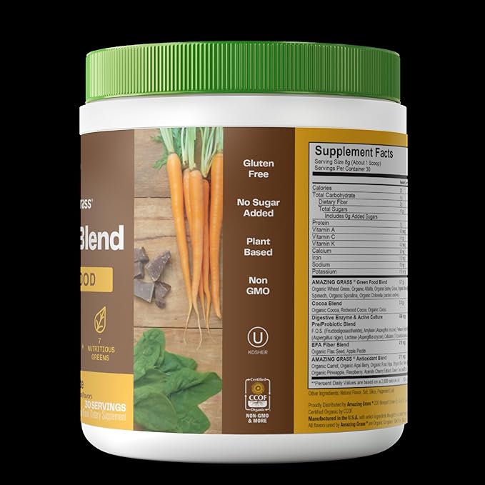 Amazing Grass Greens Superfood Powder: Greens Powder with Digestive Enzymes & Probiotics, Organic Spirulina, Chlorella, and Beet Root Powder, Chocolate, 30 Servings