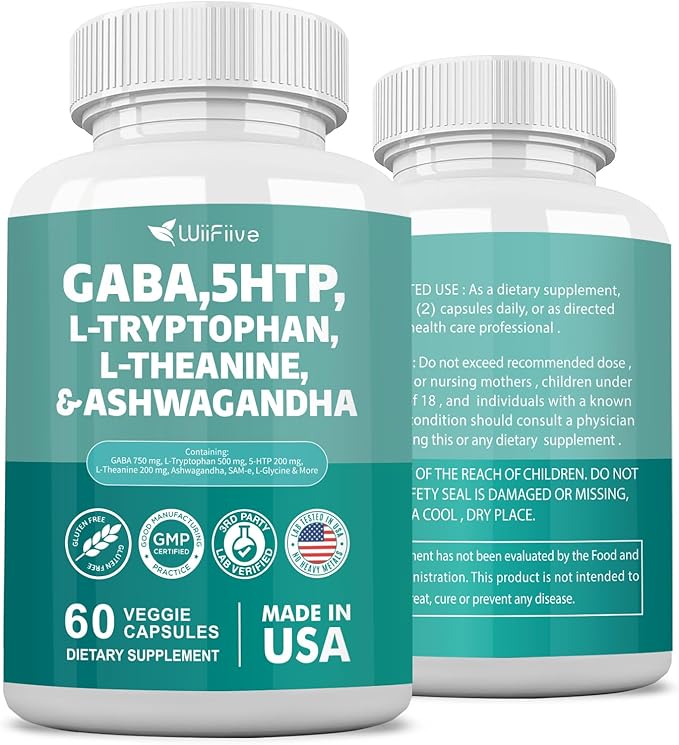 Gaba 750mg 5-HTP 200mg L-Theanine 200mg Ashwagandha 3000mg L-Tryptophan 500mg with Vitamin D3 Vitamin B6 L-Tyrosine Black Pepper SAM-e, Dietary Supplement, Non GMO, NSF Certified, 60 Capsules