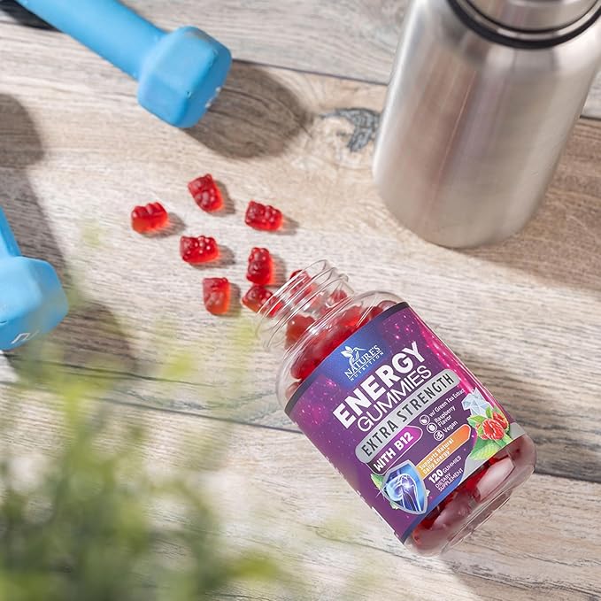 Energy Gummies Vitamin B12, Green Tea Natural Caffeine Support, Extra Strength 1000 mcg Daily Energy Vitamins, Delicious Berry Flavor Gluten Free Chewable Supplement for Cycling & Running - 120 Chews